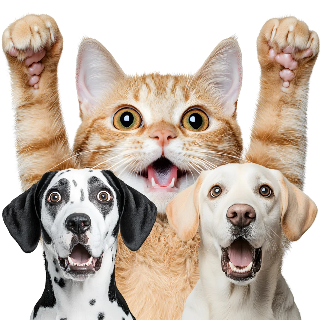 mascotas: 2 perros y un gato detrás