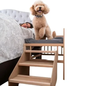 Cama de madera con escaleras Faunatic de CoolDreams (colecho para mascotas) , cama para perros y gatos pegada a la cama de su dueño con escaleras para que pueda subir
